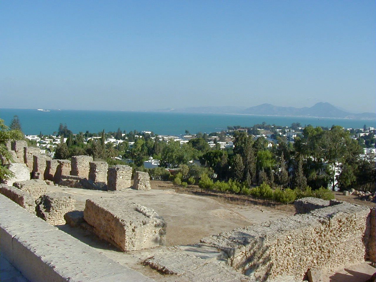The ruins of Carthage on Byrsa Hill overlooking the sea and Bou Kornine mountain